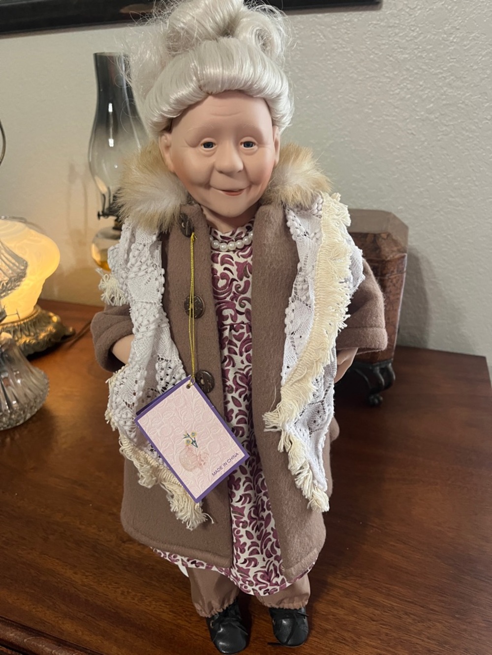 Porcelain Grandma Doll in Brown Coat with White Lace Scarf